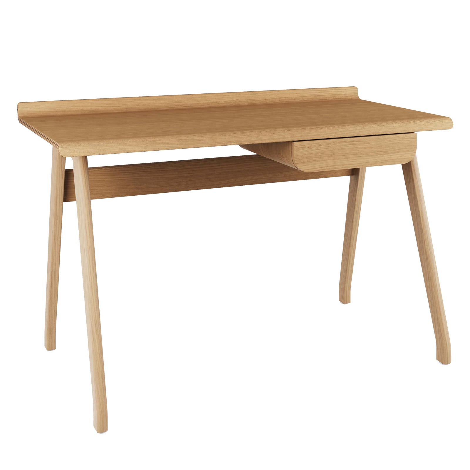 Jual Furnishings PC811 Oak Desk, featuring a sleek Scandinavian design with a natural oak finish. Includes a raised curved back panel, a discreet storage drawer, and sturdy angled legs for a modern workspace.