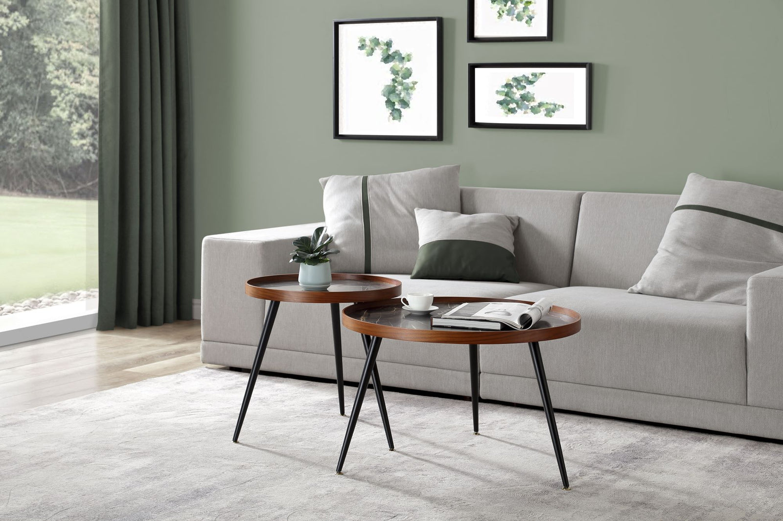 Siena Walnut & Black Coffee Table and Side Table Set featuring rich walnut veneer tops with black metal legs in a contemporary design, perfect for modern living spaces