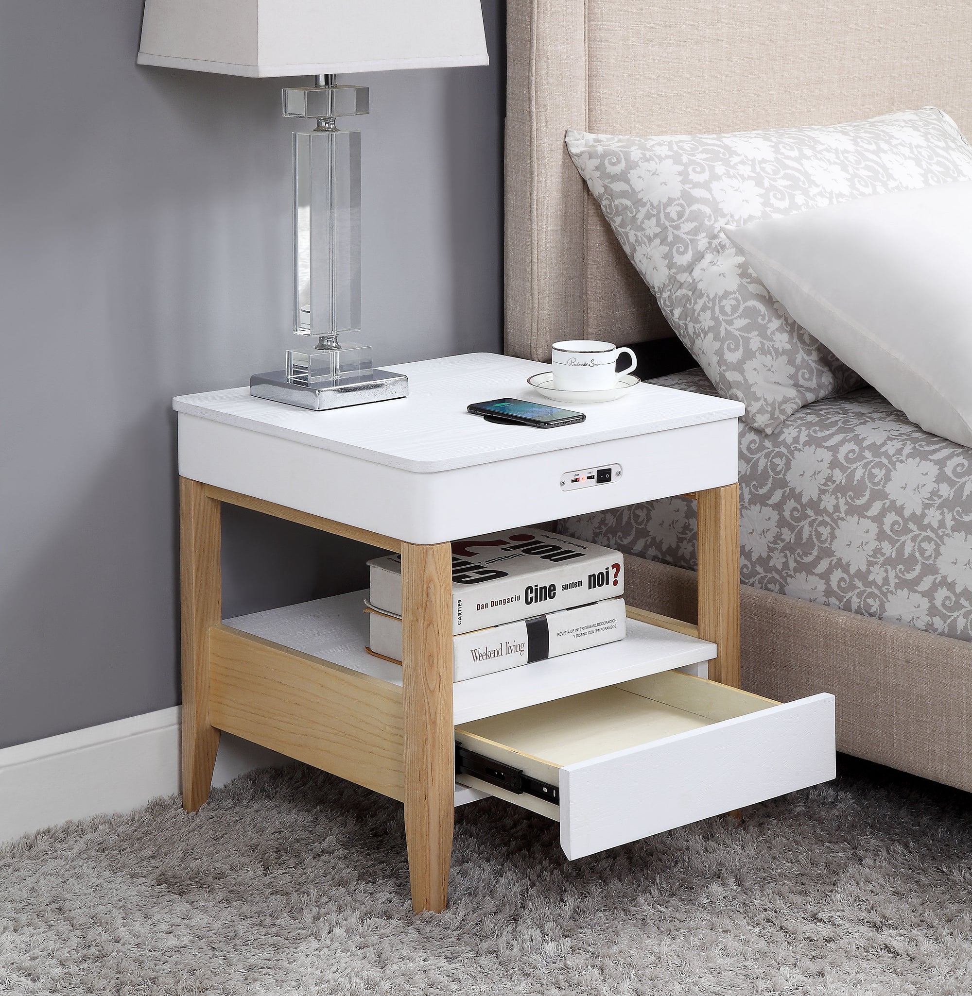San Francisco Oak & White Smart Charging Bedside/Side Table